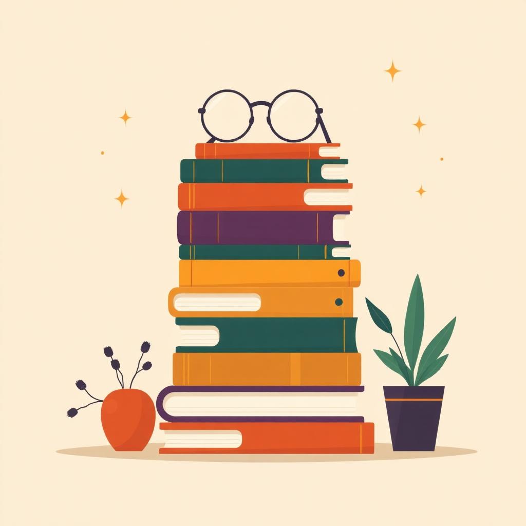 A colourful stack of children's books beside reading materials